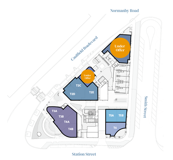 Caulfield Place site plan showing available tenancies T1A to T6